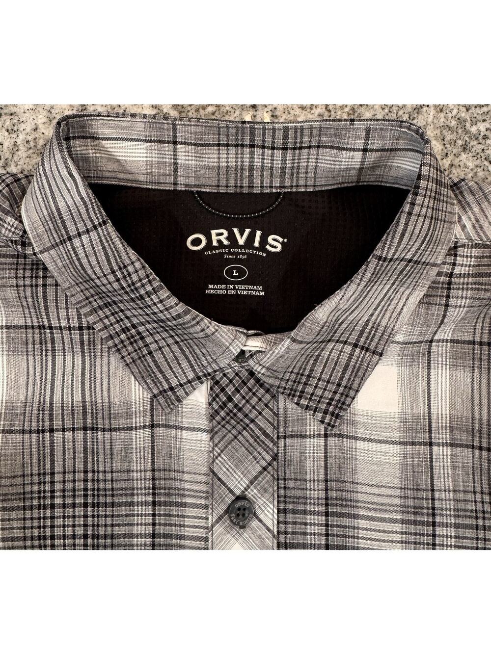 ORVIS Button Up/Down Men's Large Short Sleeve Plaid Shirt Hiking Fishing Camping